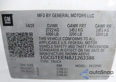 2018 Chevrolet Colorado Zr2 z USA, uszkodzony, nr VIN 1GCGTEEN8J1263386